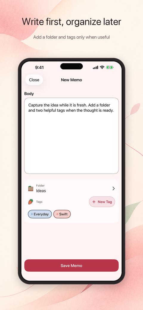 New memo screen starting with the body and optional folder and tag choices