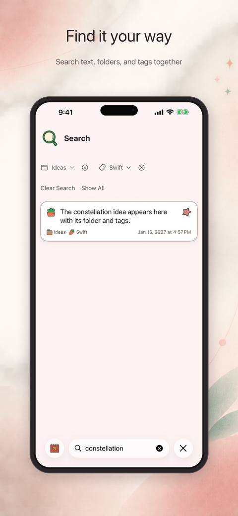 Search finding a saved memo with text, folder, and tag filters together
