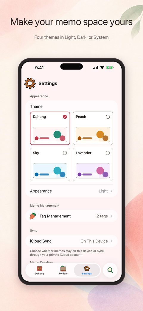 Settings offering the Dahong, Peach, Sky, and Lavender themes