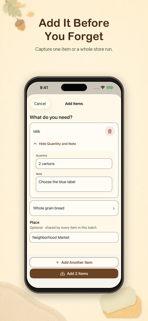 Adding several shopping items at once and assigning them to a store