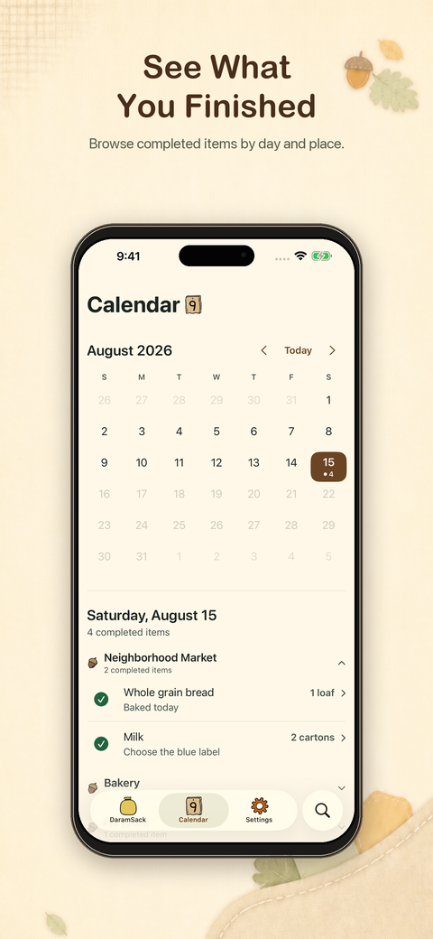 Calendar revisiting completed shopping items by date and place