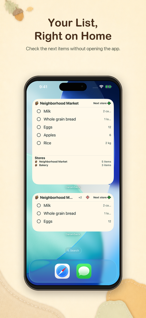 Home Screen widgets showing shopping items grouped by store