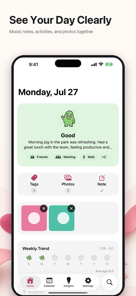 JournalMind daily mood entry screen