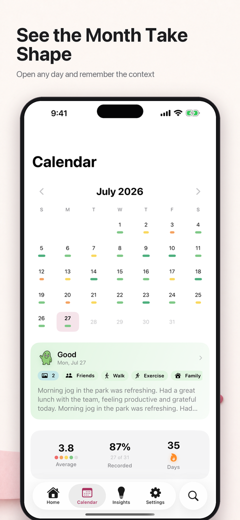 Mood entries displayed on a calendar
