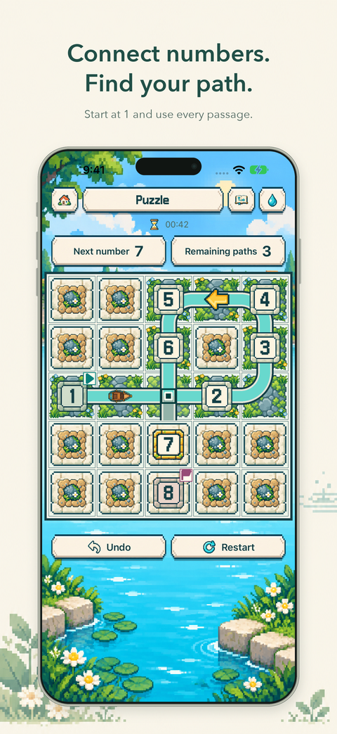 A partially completed 5×5 number-path puzzle with separate crossing passages