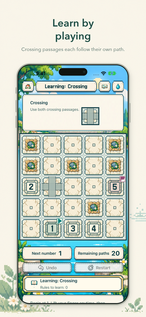 A playable lesson teaching the two independent passages of a crossing cell