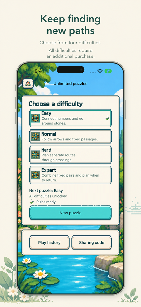 Unlimited puzzle selection with four difficulties and the new-puzzle action