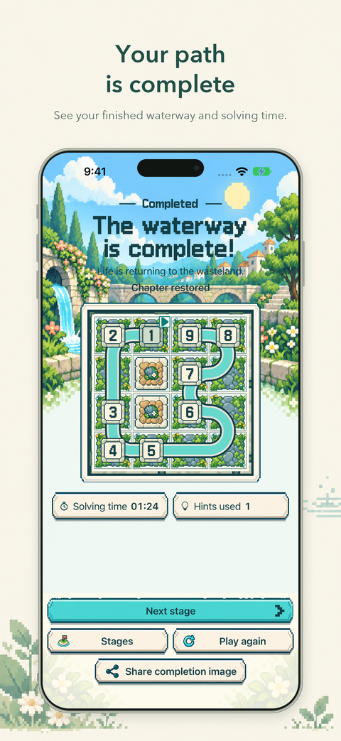 A completed waterway with solving time and hints-used statistics