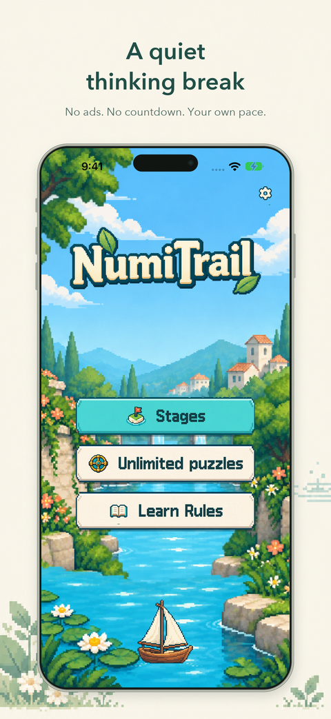 The renewed NumiTrail logo, three menus, and a sailboat in a bright pixel landscape