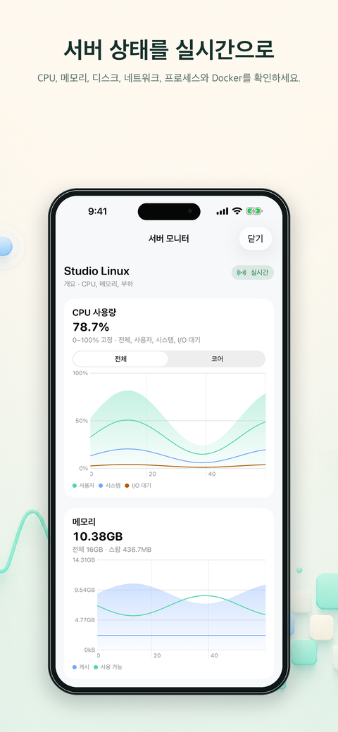 원격 서버의 CPU와 메모리 상태를 확인하는 화면