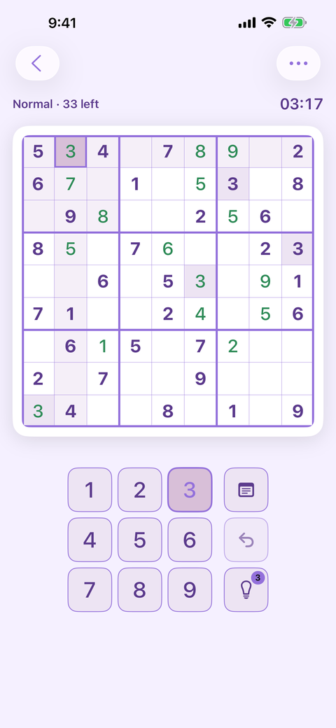 An in-progress Sudozen Sudoku puzzle in the lavender theme