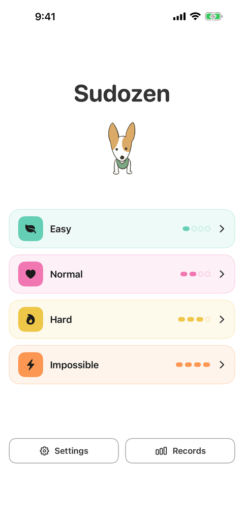 The home screen for choosing one of four Sudoku difficulty levels