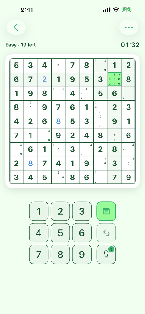 A Sudoku puzzle with notes enabled and candidate numbers visible