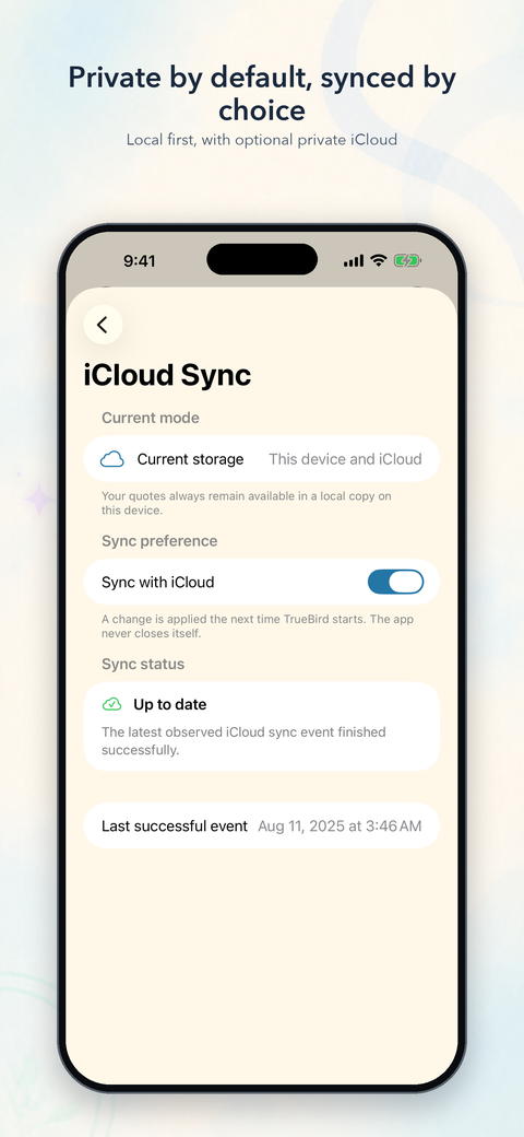 Local-first storage with optional private iCloud sync status