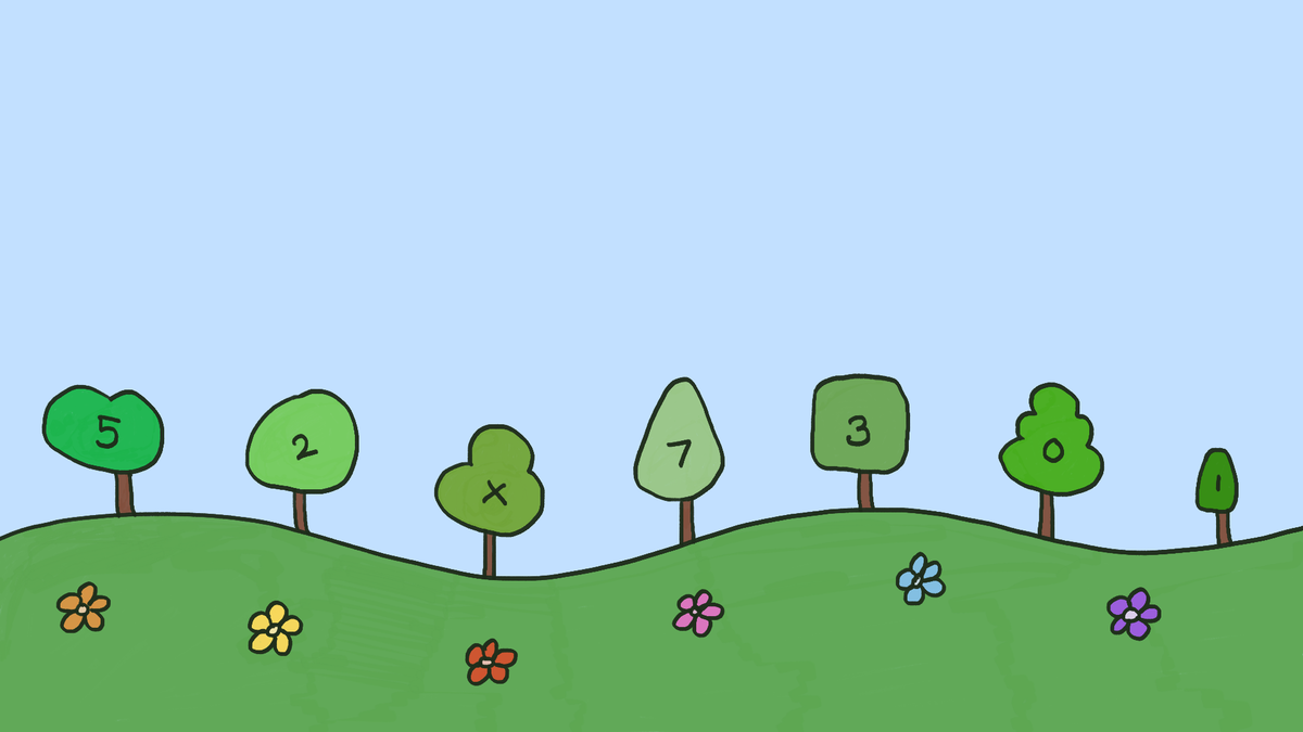 A hand-drawn landscape of numbered trees and colorful flowers across rolling green hills